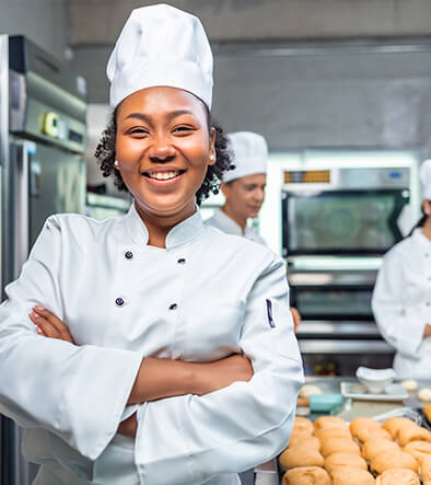 baker in kitchen standing in front or a tray of baked goods
