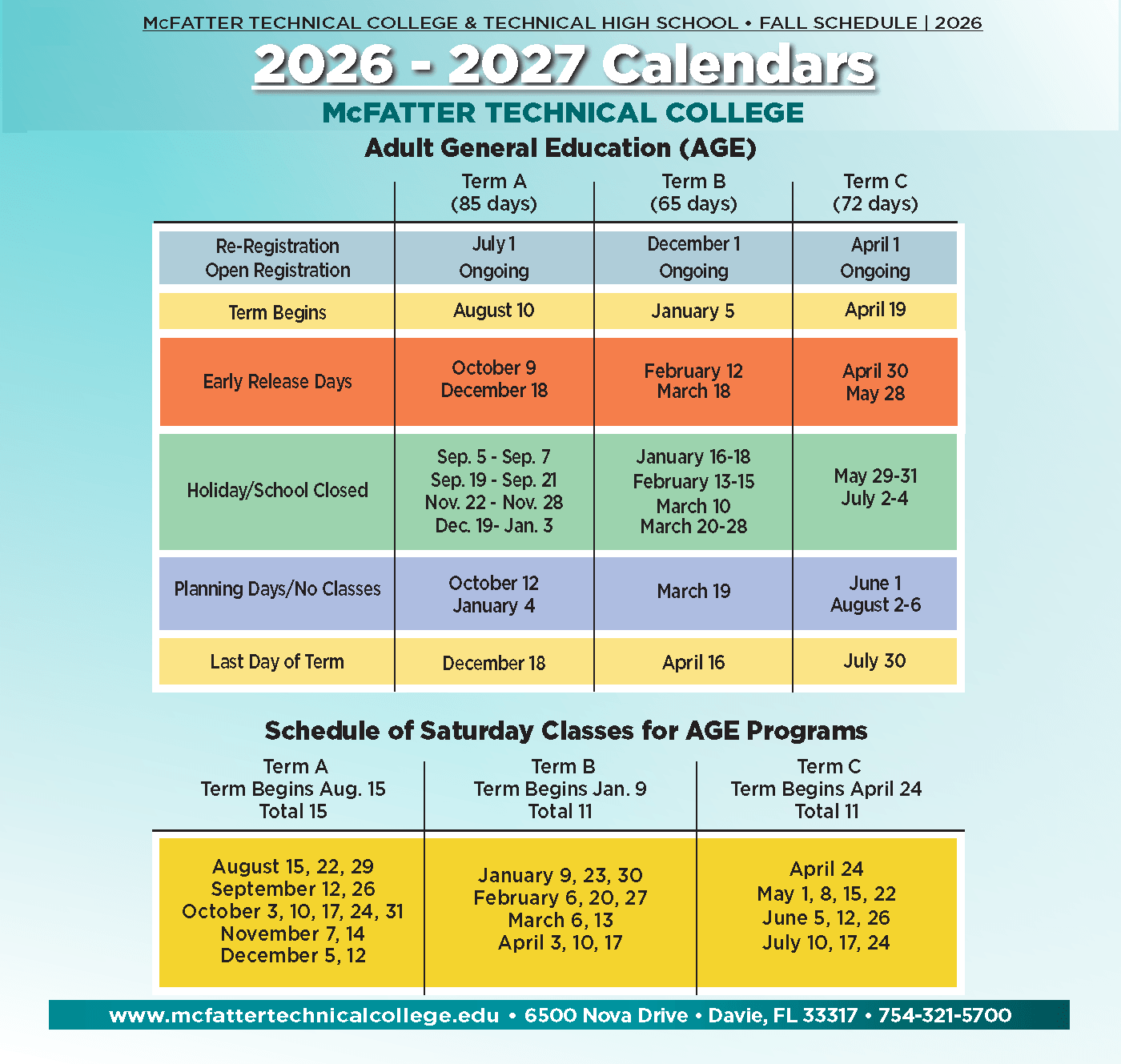 age calendar 2026-27 Adult General Education programs at McFatter Technical College